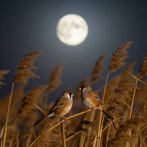 Photograph of two small, brown and white birds perched on tall, golden reeds under a bright, full moon in a dark blue night sky