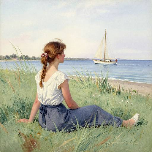 A woman with a braid, white blouse, and blue skirt sits in grass, watching a sailboat on a calm ocean. Digital painting.