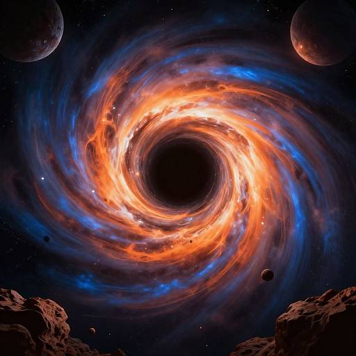 Photorealistic digital art of a vibrant, swirling black hole with fiery orange and blue tendrils, surrounded by dark planets and rocky asteroids in a star