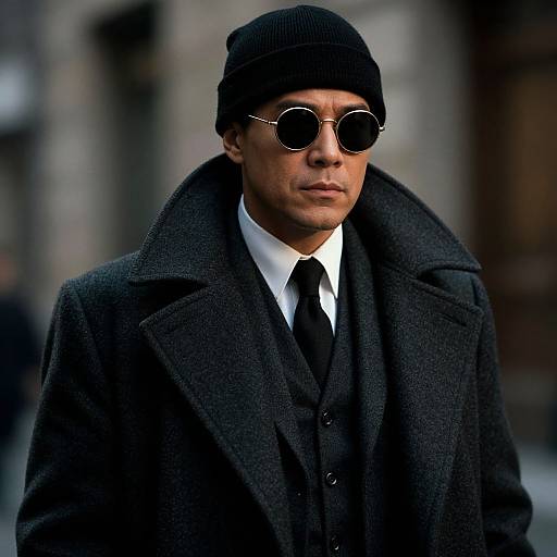 Photograph of a stylish, light-skinned man in dark sunglasses, black beanie, black overcoat, white shirt, and black tie, standing