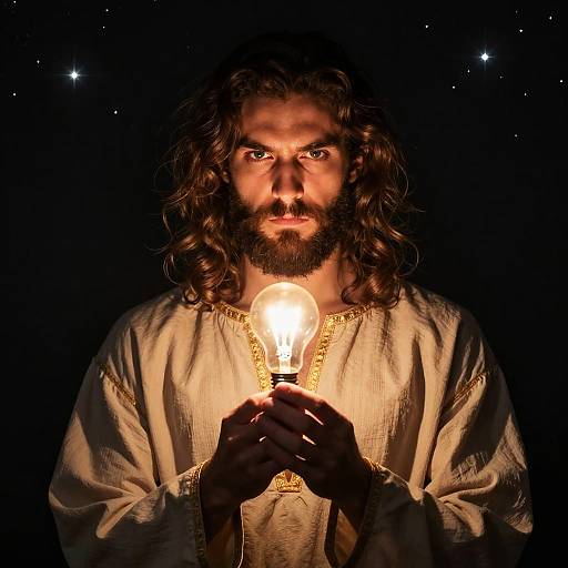 Photograph of a bearded, long-haired man with glowing skin, wearing a white, embroidered robe, holding a lit light bulb against a dark star