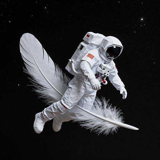 Paper Astronaut Floating on Feather in Space