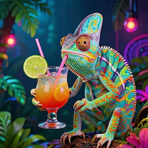 Vibrant digital artwork of a colorful chameleon holding a tropical cocktail with a lime slice and pink straw in a neon jungle.