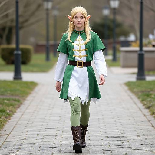 Photograph of a blonde woman with elf ears, wearing a green and white fantasy outfit, green leggings, brown boots, walking on a cobblestone