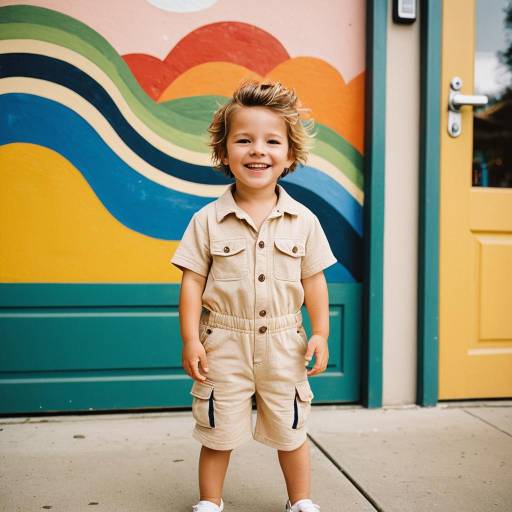 Smiling Toddler Boy in Beige Romper Outdoors