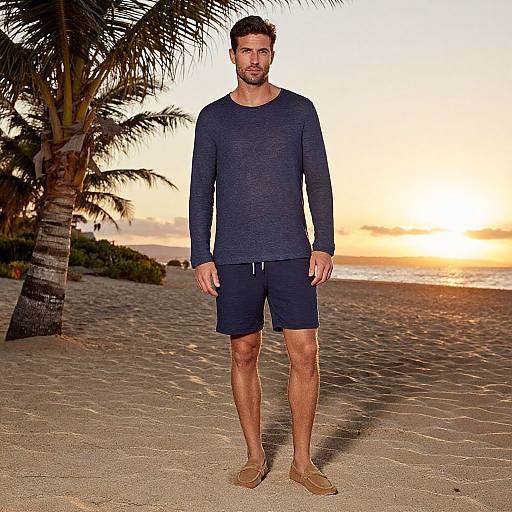 Photograph of a muscular man with short dark hair, wearing a navy long-sleeve shirt, black shorts, and tan sandals, standing on a
