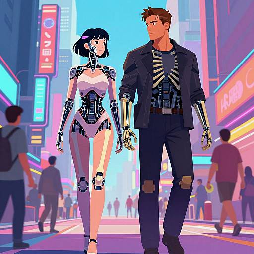 Digital art: Cyberpunk street scene with a robotic woman in white and black bodysuit, and a brown-haired man in black jacket and armored gloves