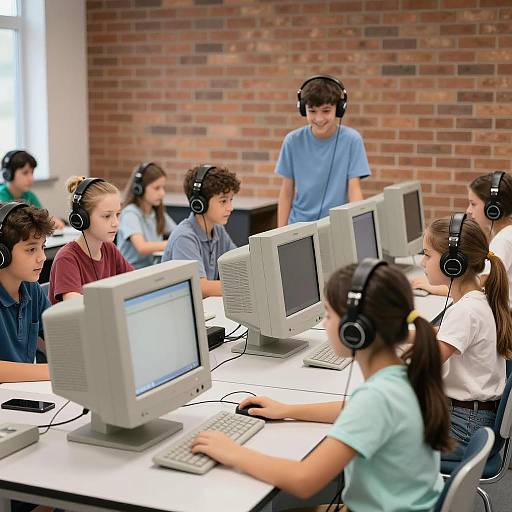 Bright Classroom Scene with Children and Monitors