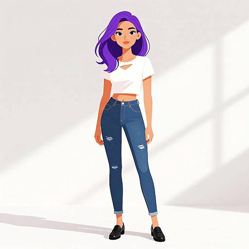 Digital drawing of a young woman with purple hair, white crop top, blue ripped jeans, black shoes, standing against a white background.