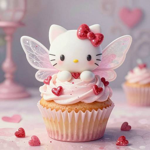 Photograph of a Hello Kitty cupcake with white frosting, red hearts, and translucent fairy wings, surrounded by sparkly red heart decorations.