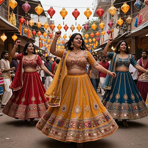 Photograph of three Indian women in colorful, embroidered traditional dresses, dancing in a narrow street adorned with orange and red lanterns.