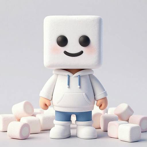 Photorealistic CGI of a cute, white, blocky character with black eyes and a smile, wearing a white hoodie and blue pants, standing among