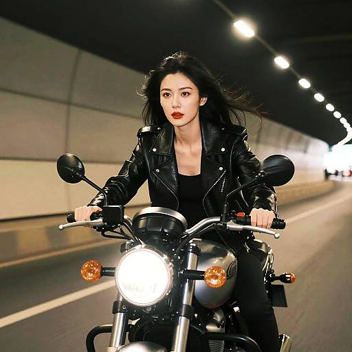 Photograph of an Asian woman with long black hair, wearing a black leather jacket and pants, riding a motorcycle under bright streetlights in a tunnel.