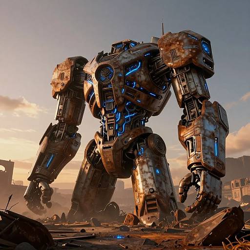 Photorealistic CGI of a massive, weathered, blue-accented robot standing amidst a ruined, sunset-lit cityscape with debris scattered around