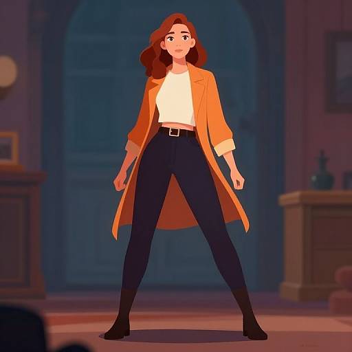 Digital illustration of a confident woman with red hair, orange coat, white shirt, black pants, and black boots, standing in a dimly lit room