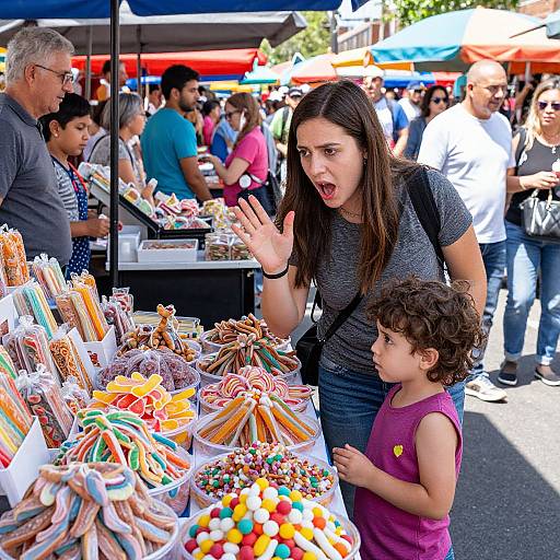 Photograph of a surprised young woman with long brown hair, wearing a gray shirt, standing beside a curly-haired child in a purple dress, at a