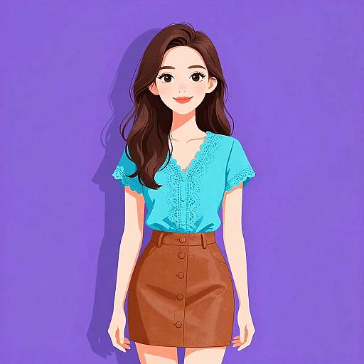 Digital anime-style drawing of a smiling woman with long brown hair, wearing a blue lace blouse and brown button-up skirt, against a solid purple background.