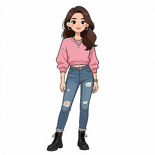Digital illustration of a young woman with long brown hair, wearing a pink sweater, ripped blue jeans, black ankle boots, and jewelry, standing against a