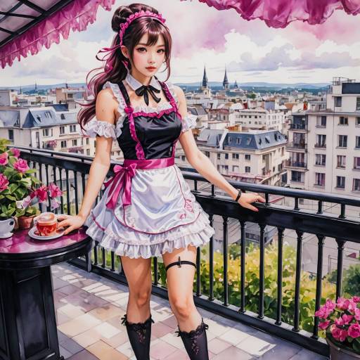 Woman in Fuchsia French Maid Outfit on Rooftop