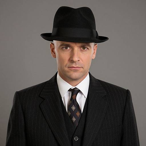 Photograph of a Caucasian man with fair skin, wearing a black pinstripe suit, white shirt, black tie, and black fedora, against
