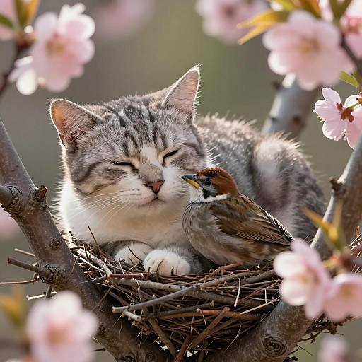 Cat and Bird Resting in Nest Among Blossoms