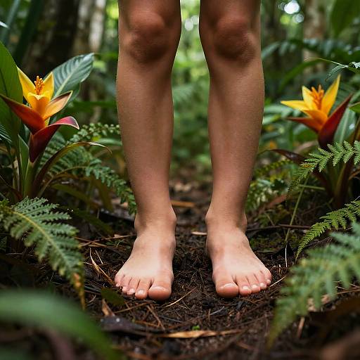 Photograph: Bare, light-skinned legs standing in a lush forest, feet on dark soil, surrounded by vibrant orange and yellow bird of paradise flowers