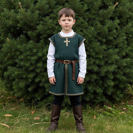 Photograph of a young boy standing in front of a green bush, wearing a medieval-style dark green dress with white shirt, brown belt, and boots