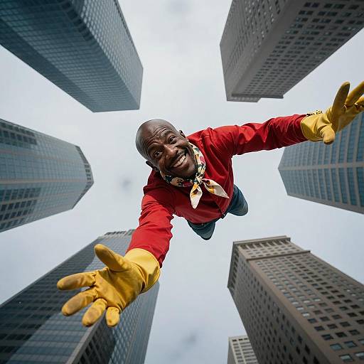 Joyful Man Falling Among Skyscrapers