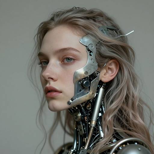 Photorealistic CGI of a young woman with wavy silver hair, cybernetic facial and neck enhancements, pale skin, and blue eyes, set