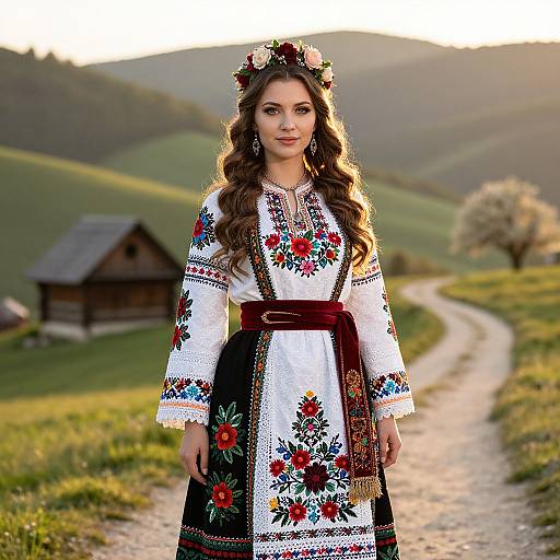Photograph of a young woman with long brown hair, wearing a floral embroidered white blouse and black skirt, crowned with flowers, standing on a rural dirt