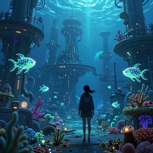 Digital artwork of a girl in a dark outfit standing in a glowing, underwater futuristic city with bioluminescent fish and colorful coral. Blue light illumin