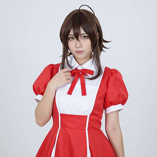 Photograph of an Asian woman in a red and white anime-style maid outfit, with dark brown hair, white background, and red ribbon.