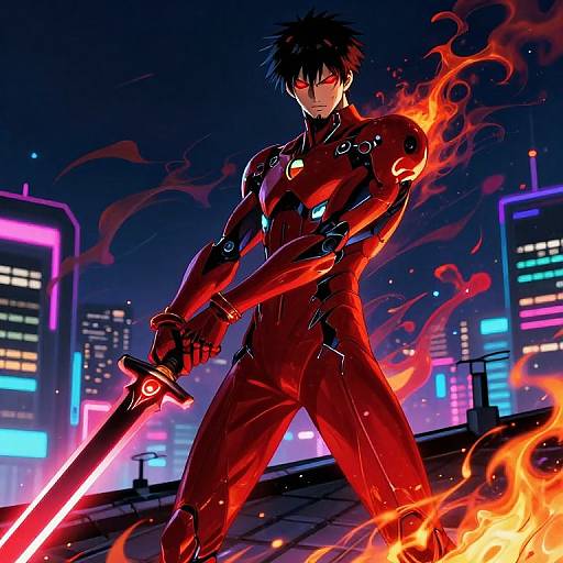 Digital anime artwork of a muscular, black-haired man in a red, glowing, futuristic suit wielding a fiery sword, standing on a rooftop with neon-l