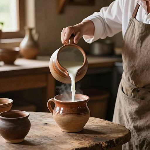 Photograph of a hand pouring milk from a wooden jug into a clay pitcher, set in a rustic, warmly lit kitchen.