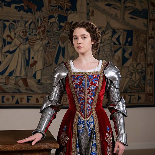 Photograph of a young woman with fair skin and dark curly hair, wearing medieval-style armor and a vibrant, embroidered red and blue gown, standing in