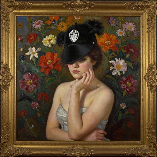 Photorealistic painting of a fair-skinned woman with red lips, wearing a black feathered hat and strapless white dress, surrounded by vibrant flowers