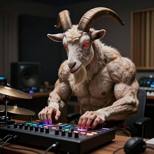 Anthropomorphic Goat Beatmaker in Studio