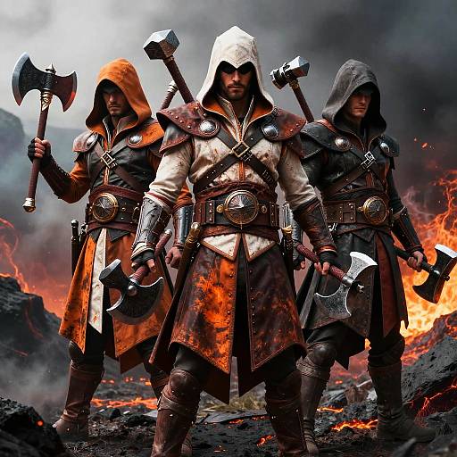 Three fierce, armored warriors with hoods and axes stand against a fiery, smoky backdrop, ready for battle in a dark fantasy setting. Digital artwork