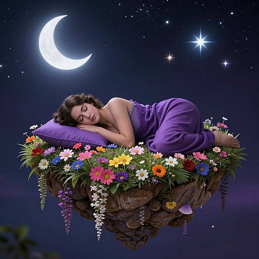 Dreamy night scene: Sleeping woman in purple dress on floating rock island with colorful flowers, under crescent moon and stars.
