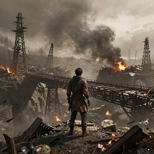 Post-Apocalyptic Survivor on Ruined Bridge