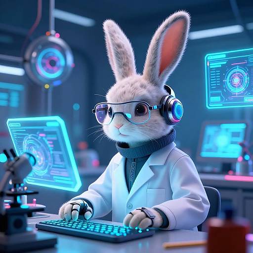 CGI image of a white rabbit in a lab coat, wearing headphones and glasses, typing on a glowing blue keyboard in a futuristic, neon-lit