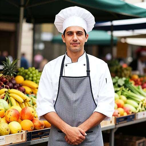 Photograph of a smiling male chef in white uniform and checkered apron, standing in a colorful fruit market stall.