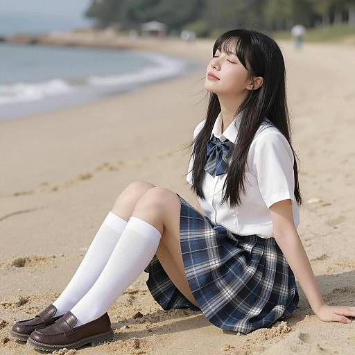 Asian Woman Relaxing on Sandy Beach