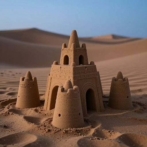 Photograph of an intricate sandcastle with turrets and arches, set in a vast, sunlit desert with rolling sand dunes.
