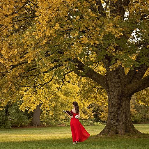 Photograph of a woman in a flowing red dress, holding a black camera, standing under a large, golden-leaved tree in a sunlit park