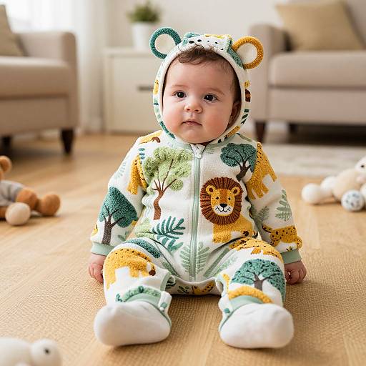 Photograph of a baby with fair skin, brown hair, wearing a white, green, and yellow animal-themed onesie, sitting on a beige carpet
