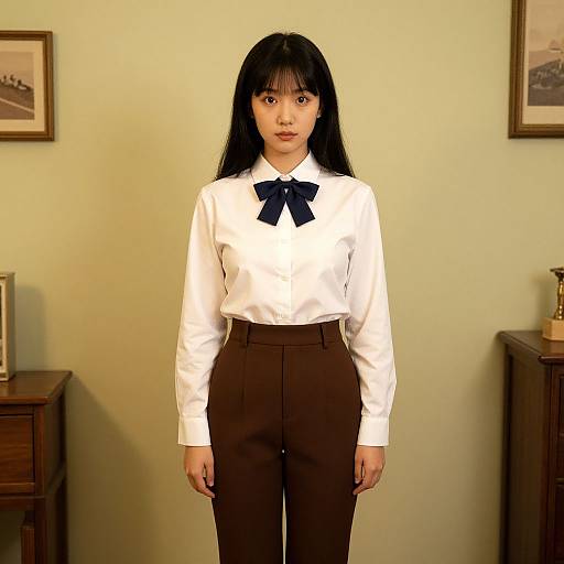 Photograph of an Asian woman with long black hair, wearing a white blouse with a black bow, brown high-waisted pants, standing in a