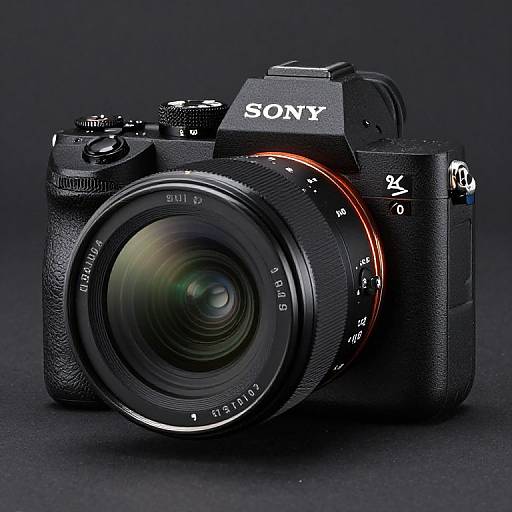 Photograph of a black Sony DSLR camera with a large lens, featuring a glowing red ring and textured body, against a dark background.