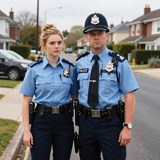 Photograph of two serious-looking police officers, one female with blonde hair in a bun, one male, standing on a suburban street. Both wear light