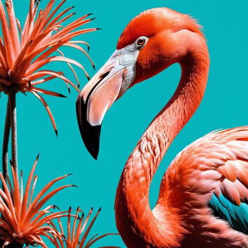 Bright Coral Flamingo with Turquoise Background